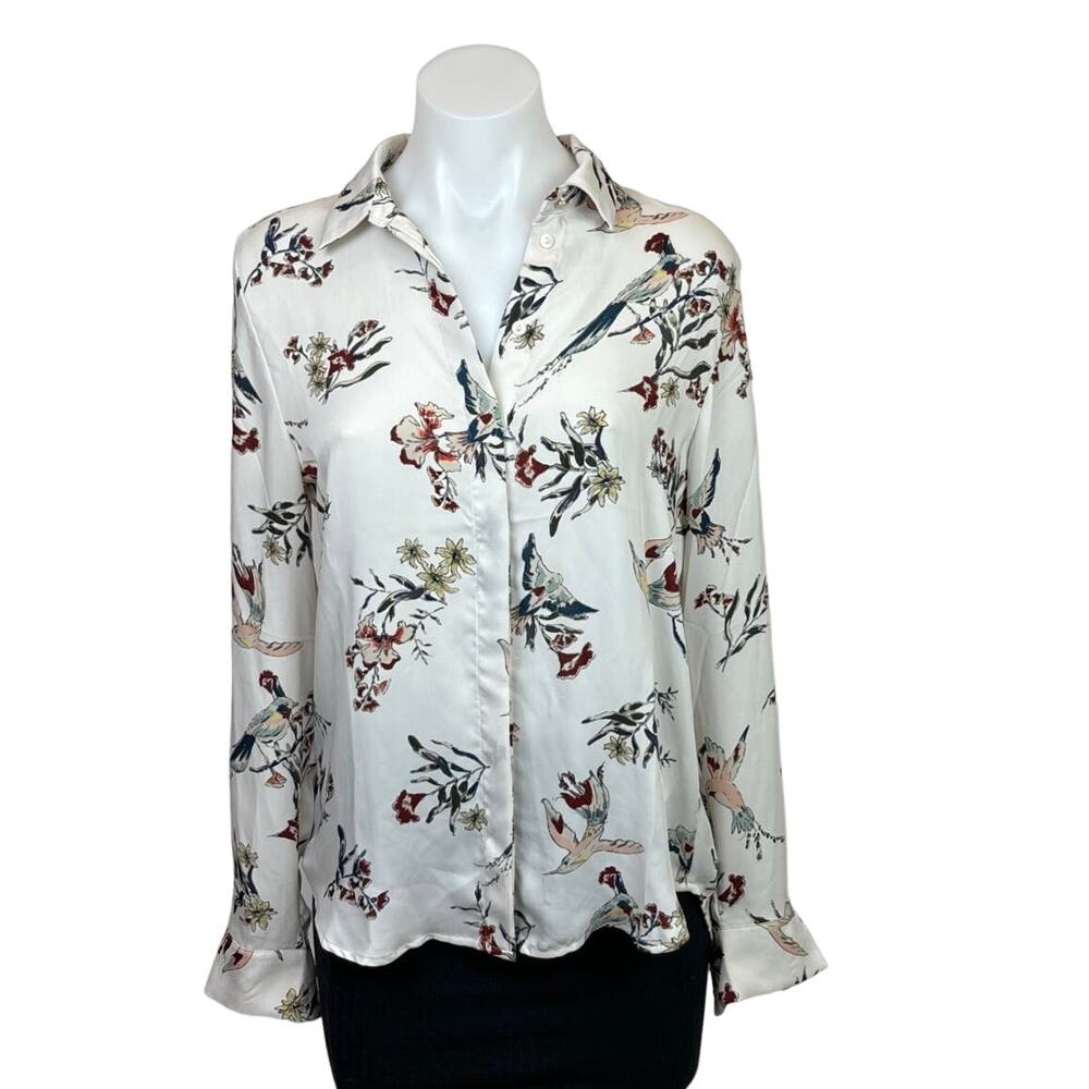 H&M Womens White Floral Bird Print Button Up Long Sleeve Shirt Blouse Top Sz 2